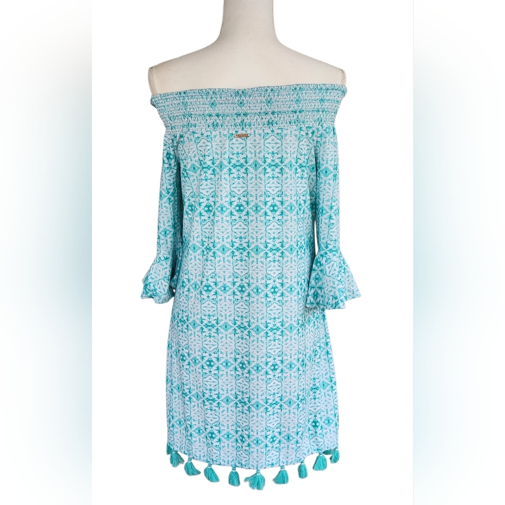 Cabana Life Off-Shoulder Turquoise Tile Print Cover-Up Dress with Tassels - Picture 4 of 10